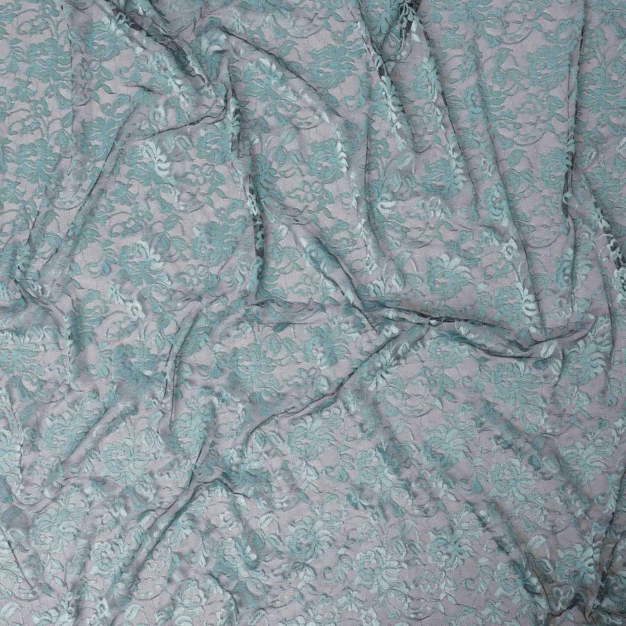 Black lace fabric with vista blue embroidery in floral design-D13286