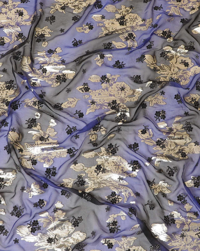 قماش شيفون من الحرير الخالص باللون الأزرق الملكي والأسود مع لوريكس معدني ذهبي به قطيع أسود وبريق بتصميم الأزهار-D8234