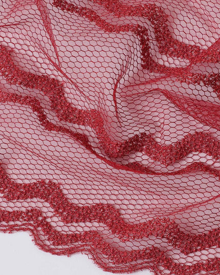 Crimson red nylon tulle fabric with same tone embroidery in floral design-D11753 Regal Fabrics