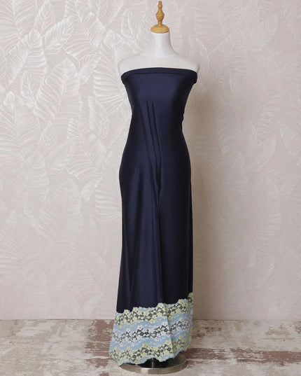 Dark navy blue blended cotton lawn fabric with baby blue, blonde yellow border guipure embroidery having stone work in fancy design-D14724 Regal Fabrics