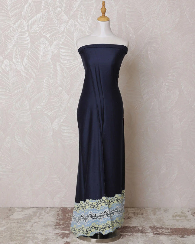 Dark navy blue blended cotton lawn fabric with baby blue, blonde yellow border guipure embroidery having stone work in fancy design-D14724 Regal Fabrics