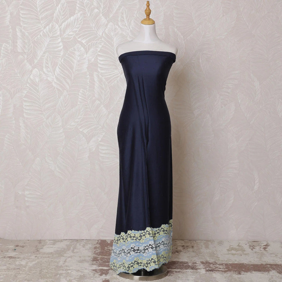 Dark navy blue blended cotton lawn fabric with baby blue, blonde yellow border guipure embroidery having stone work in fancy design-D14724 Regal Fabrics