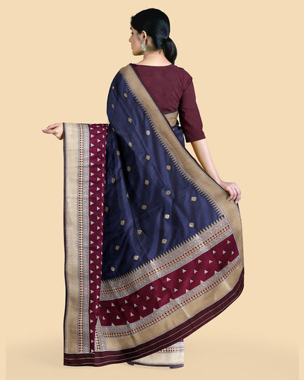 ساري حريري مقلد باللون الأزرق الداكن مع جاكار ذهبي بتصميم زهور-12778