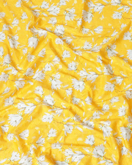 Tuscany yellow uragiri cotton voile fabric with same tone jacquard having rhino grey, brown and Paris green print in floral design-D7326 Regal Fabrics