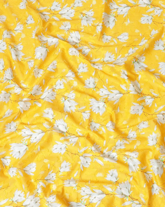 Tuscany yellow uragiri cotton voile fabric with same tone jacquard having rhino grey, brown and Paris green print in floral design-D7326 Regal Fabrics