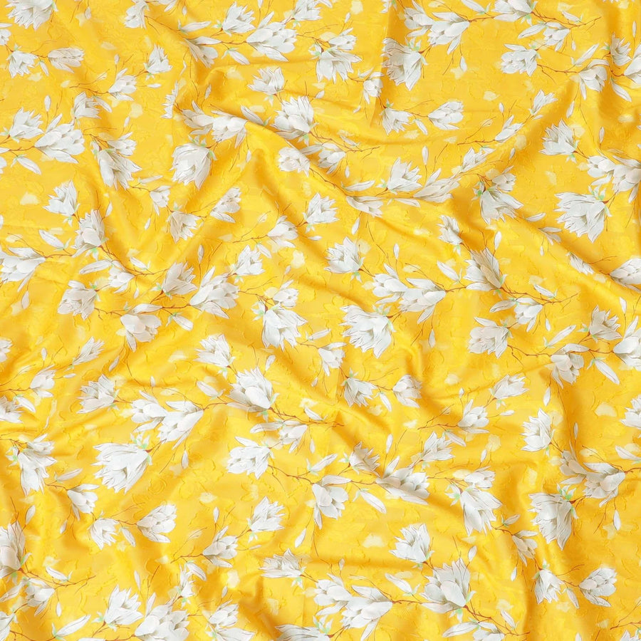 Tuscany yellow uragiri cotton voile fabric with same tone jacquard having rhino grey, brown and Paris green print in floral design-D7326 Regal Fabrics