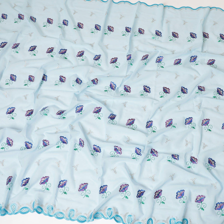 Powder blue Premium Swiss cotton voile (Thobe) fabric with forest green, purple, blue, multicolor lurex embroidery having stone work in floral design-D8009