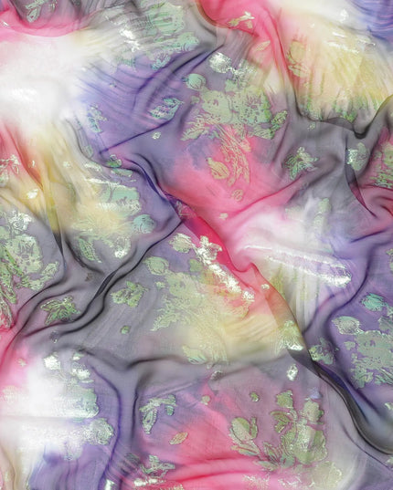 Multicolor premium pure silk chiffon garbasaar with neon green metallic lurex in floral design-D9553 Regal Fabrics