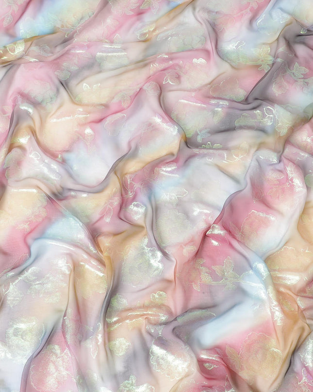 قماش شيفون حريري نقي فاخر متعدد الألوان مع لوريكس معدني أخضر نيون بتصميم زهور-D9677