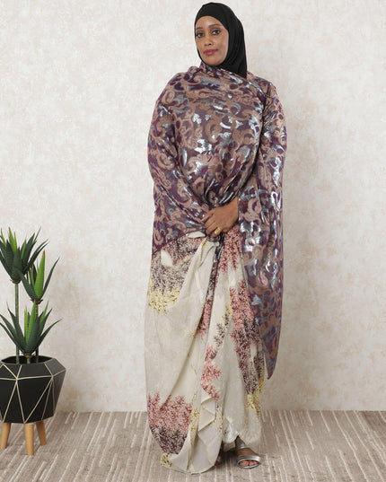Purple Premium pure French (Fransawi) silk chiffon garbasaar with gold viscose and baby blue metallic lurex in abstract design-D11520 Regal Fabrics