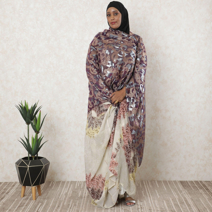 Purple Premium pure French (Fransawi) silk chiffon garbasaar with gold viscose and baby blue metallic lurex in abstract design-D11520 Regal Fabrics