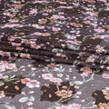 Dark brown synthetic chiffon fabric with same tone metallic luyrex having multicolor print in floral design-D8309