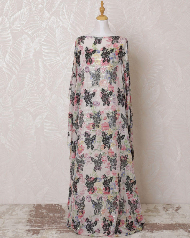 Beige Premium pure French (Fransawi) silk chiffon dirac fabric with multicolor viscose, metallic lurex having stone work in floral design-D15129