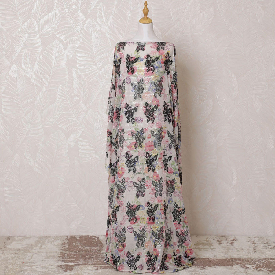 Beige Premium pure French (Fransawi) silk chiffon dirac fabric with multicolor viscose, metallic lurex having stone work in floral design-D15129