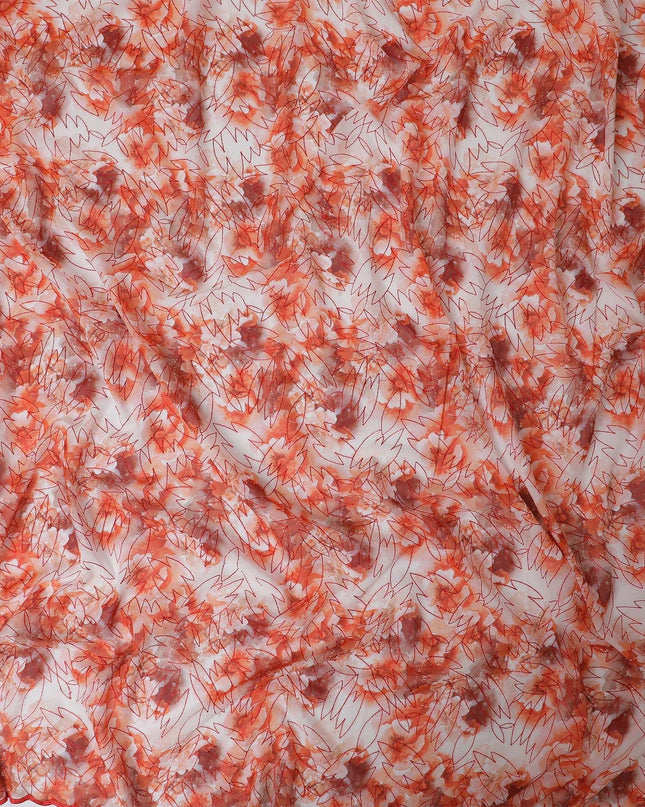 قماش فوال من القطن الخالص باللون الأبيض الفاتح مع طباعة برتقالية وتطريز بنفس اللون بتصميم فاخر-D13254