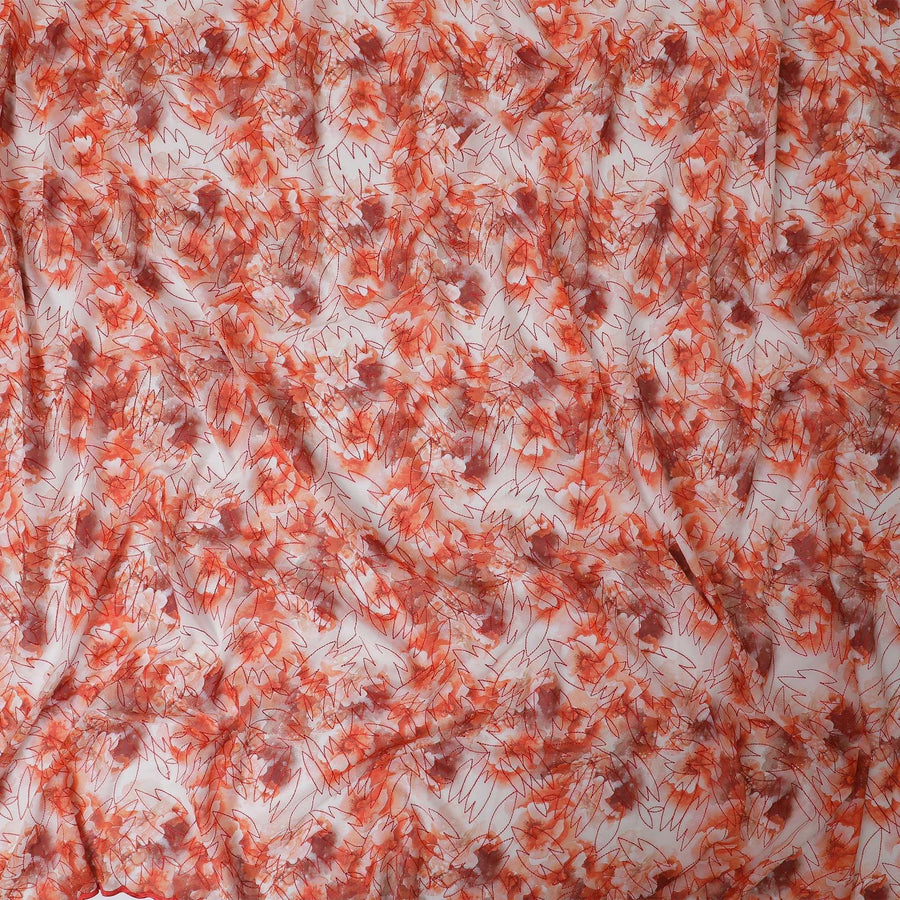 Off white premium pure cotton voile fabric with orange print and same tone embroidery in fancy design-D13254
