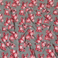 Graphite grey premium pure silk crepe fabric with ruby pink, maroon and light peach print floral design-D9406 Regal Fabrics