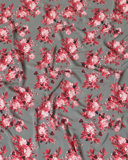 Graphite grey premium pure silk crepe fabric with ruby pink, maroon and light peach print floral design-D9406