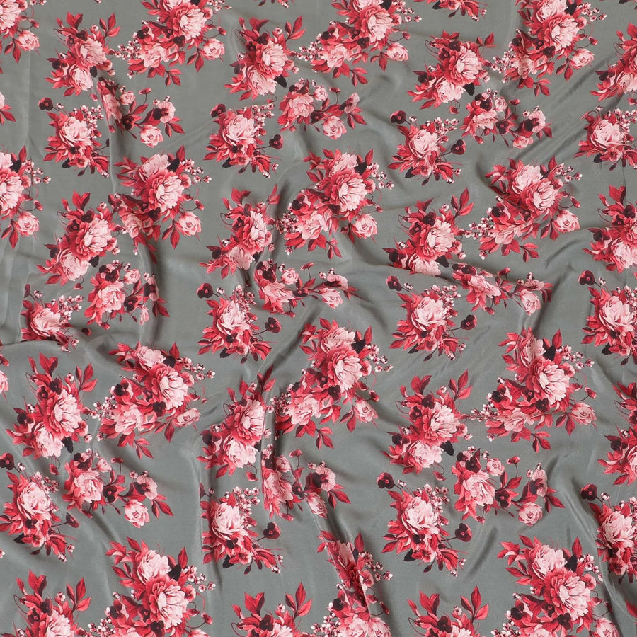 Graphite grey premium pure silk crepe fabric with ruby pink, maroon and light peach print floral design-D9406 Regal Fabrics