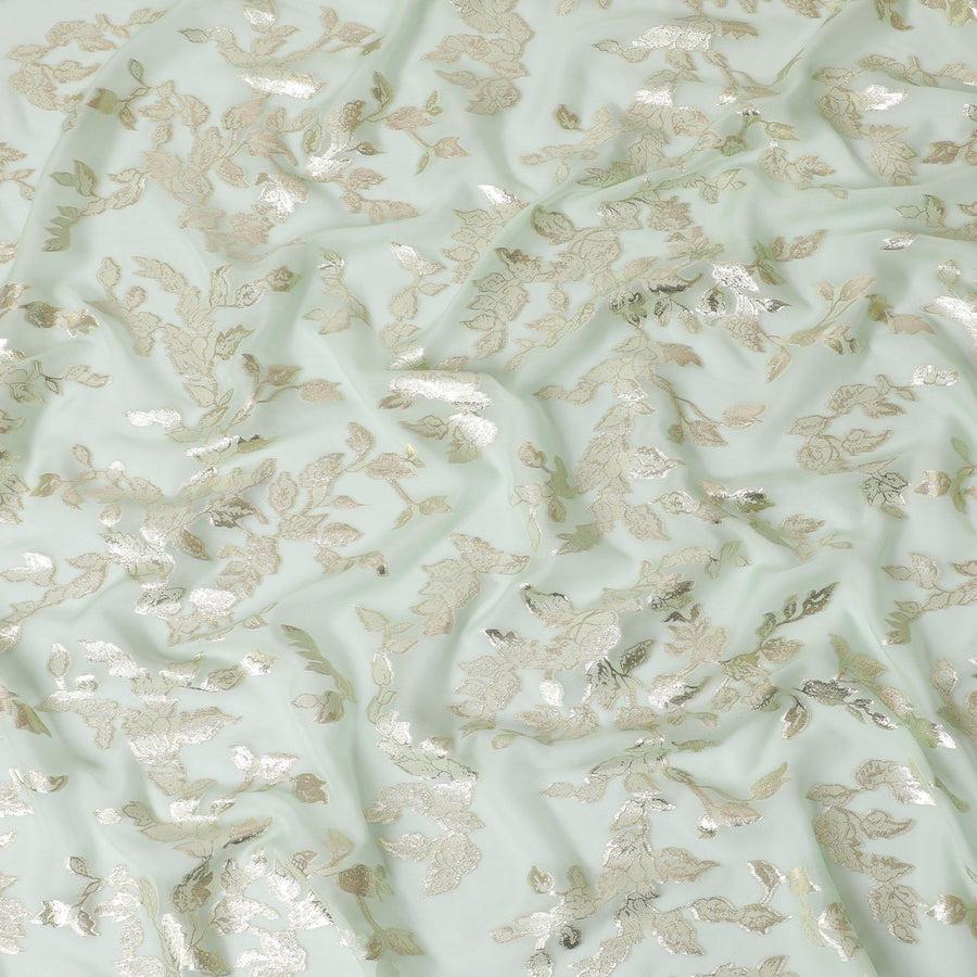 Mint green Premium pure silk chiffon fabric with gold metallic lurex in leaf design-D15447