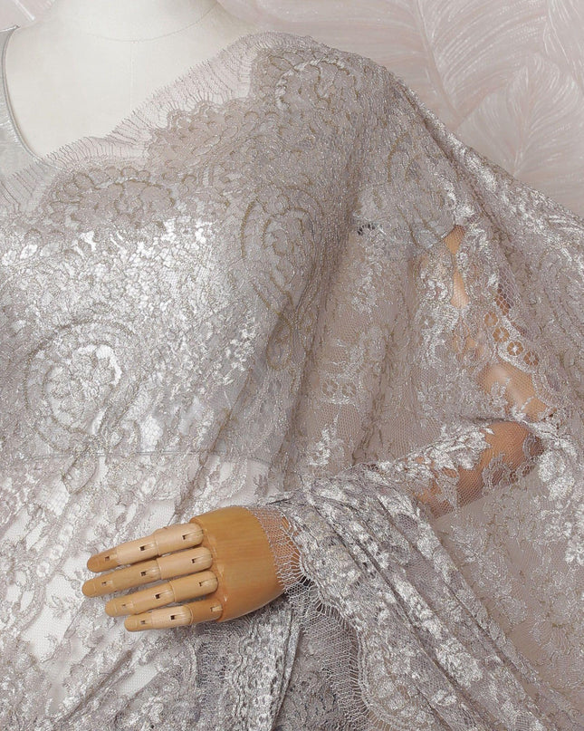 Light lilac, gold, silver Premium pure metallic French chantilly lace saree in floral design-D14914