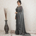 Stone grey Premium pure silk satin saree having white and red stone work in floral design-D13488