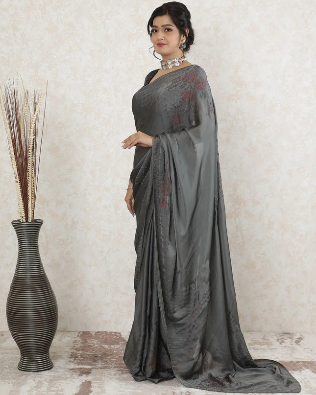 Stone grey Premium pure silk satin saree having white and red stone work in floral design-D13488 Regal Fabrics
