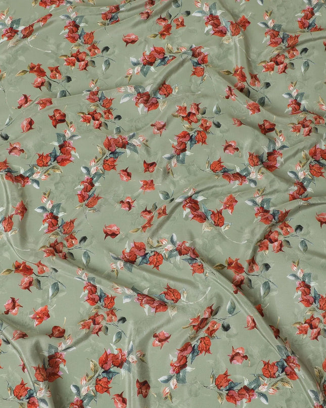Moss green viscose crepe fabric with multicolor print in floral design-D13816 Regal Fabrics