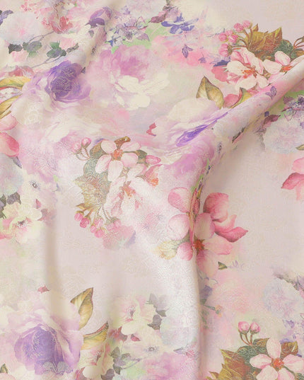 Beige silk chiffon fabric with multicolor print in floral design having organza finish-D6634