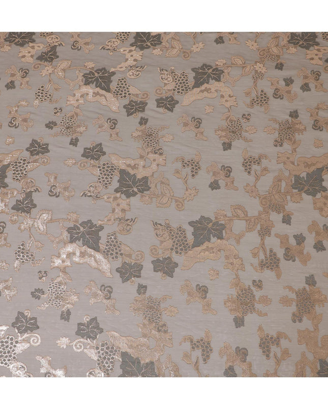 قماش شيفون حريري فرنسي (فرنساوي) فاخر باللون البني الزيتوني مع الفيسكوز الرمادي والوركس المعدني البني بتصميم الأزهار-D14278
