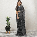 Black, Cloud grey two tone Premium French chantilly lace saree having stone work in floral design-D9588