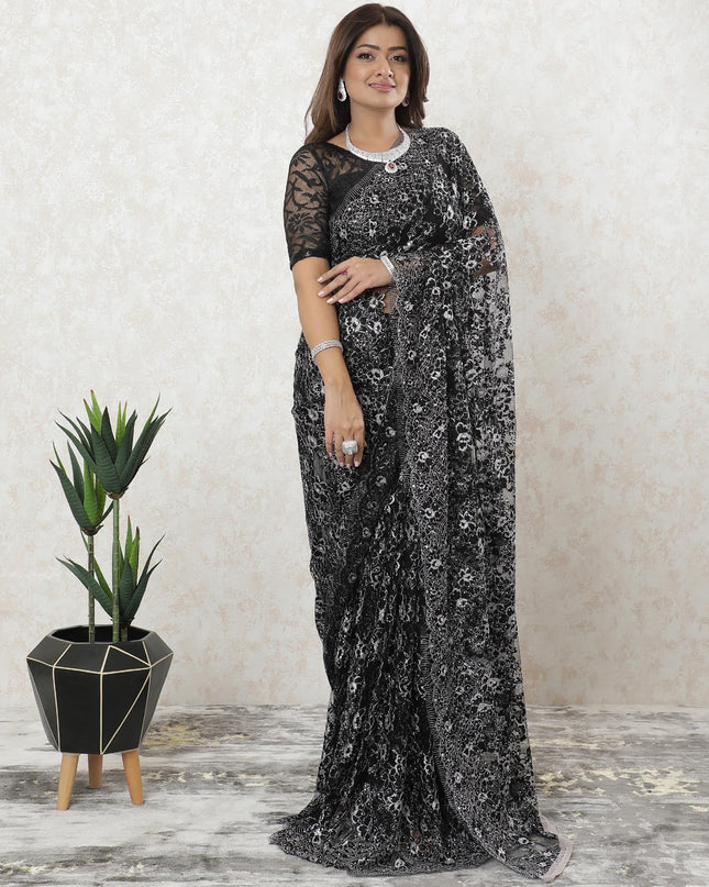 Black, Cloud grey two tone Premium French chantilly lace saree having stone work in floral design-D9588