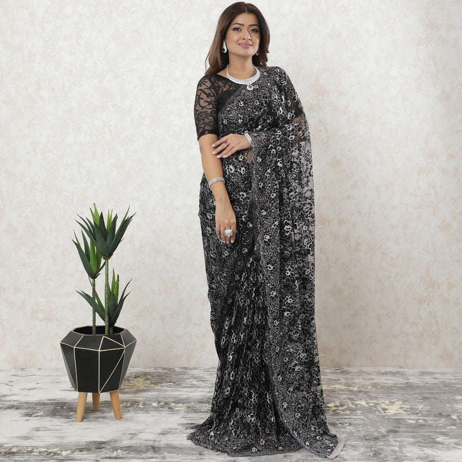 Black, Cloud grey two tone Premium French chantilly lace saree having stone work in floral design-D9588
