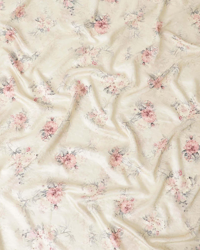 Beige viscose fabric with brown, olive green and brick pink print in floral design having stone work-D6726