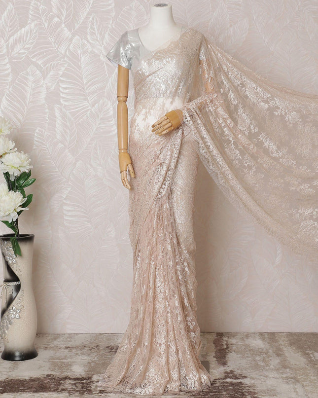 Light pink, silver Premium pure French metallic chantilly lace saree in floral design-D14552