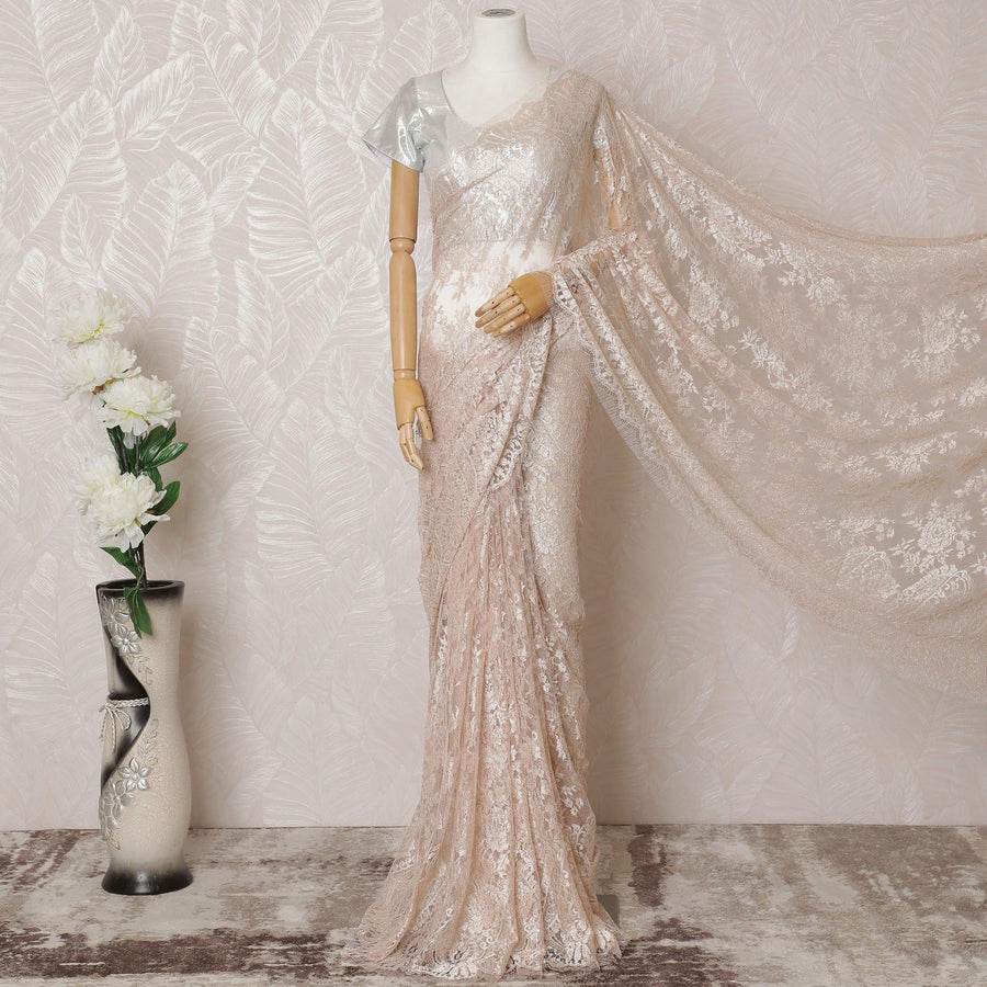Light pink, silver Premium pure French metallic chantilly lace saree in floral design-D14552