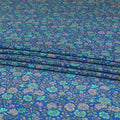 Royal blue silk crepe fabric with turquoise green, grey and lilac print in floral design-D8456 Regal Fabrics