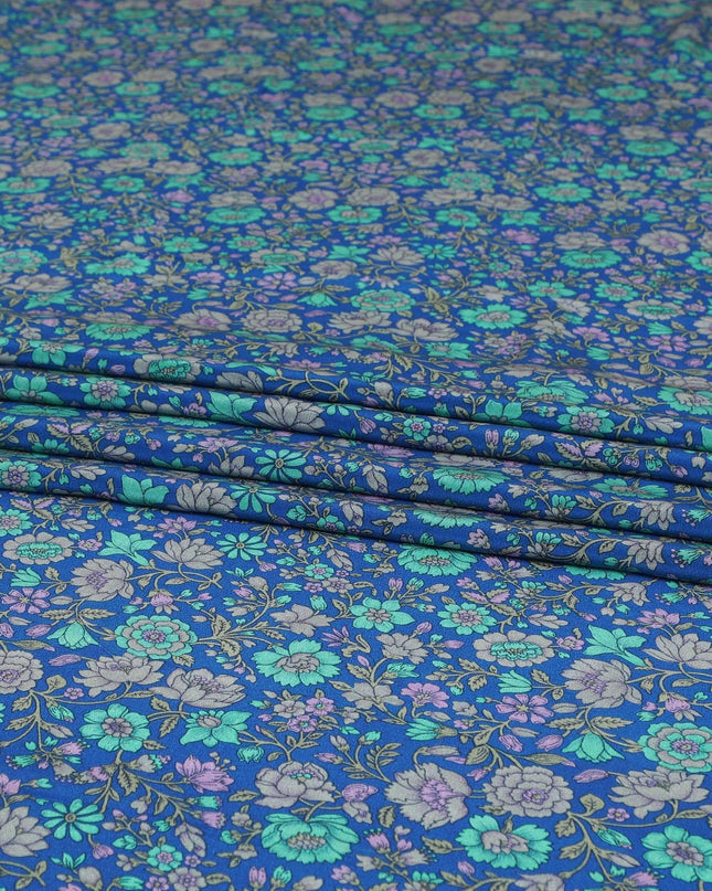 Royal blue silk crepe fabric with turquoise green, grey and lilac print in floral design-D8456 Regal Fabrics