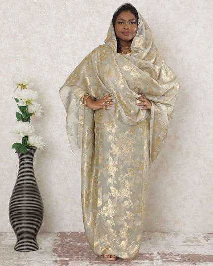 Sand beige Premium pure French (Fransawi) silk chiffon thobe with powder blue viscose having gold metallic lurex in floral design-D14380 Regal Fabrics