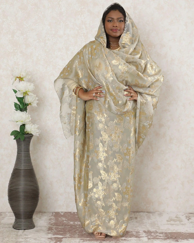 Sand beige Premium pure French (Fransawi) silk chiffon thobe with powder blue viscose having gold metallic lurex in floral design-D14380 Regal Fabrics