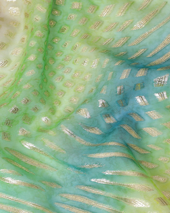 قماش شيفون حريري خالص مطبوع متعدد الألوان مع لوركس معدني ذهبي وفضي بتصميم تجريدي-D12432