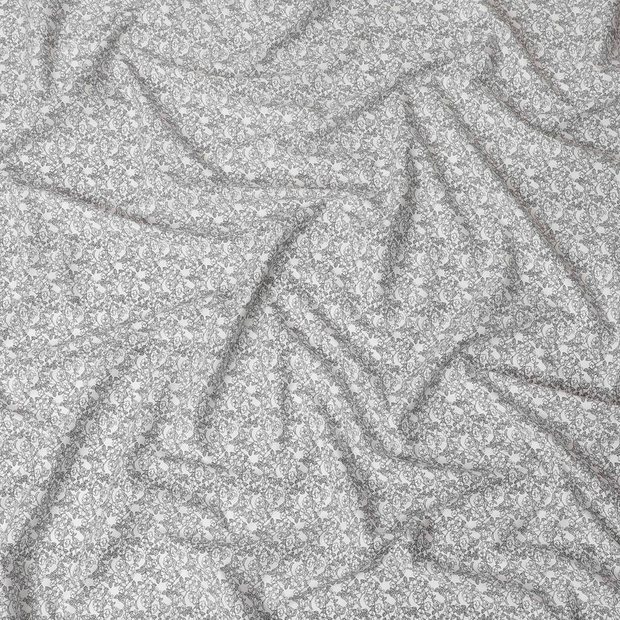 قماش قطني أبيض مع طباعة سوداء بتصميم زهور-D14845