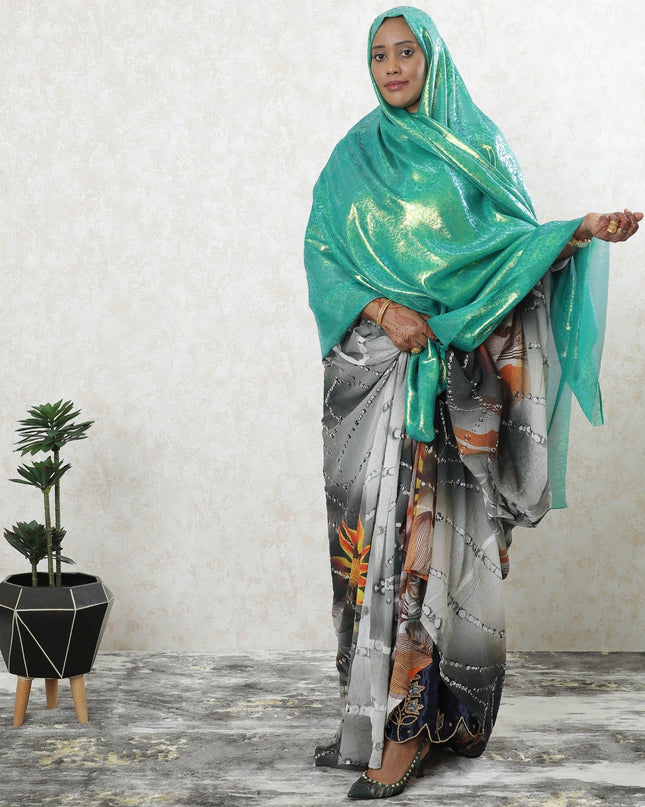 Jungle green pure silk chiffon garbasaar with same tone and gold metallic lurex in floral design-D9521