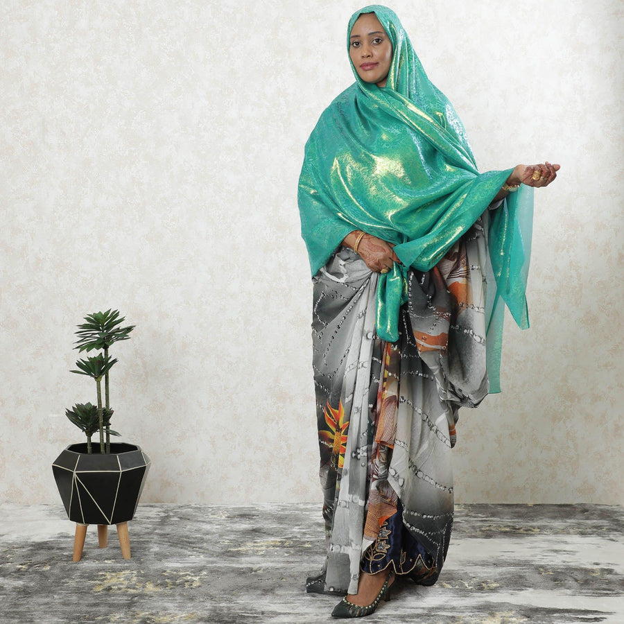 غارباسار من الشيفون الحريري الخالص باللون الأخضر الغاب بنفس اللون واللوركس المعدني الذهبي بتصميم الأزهار-D9521