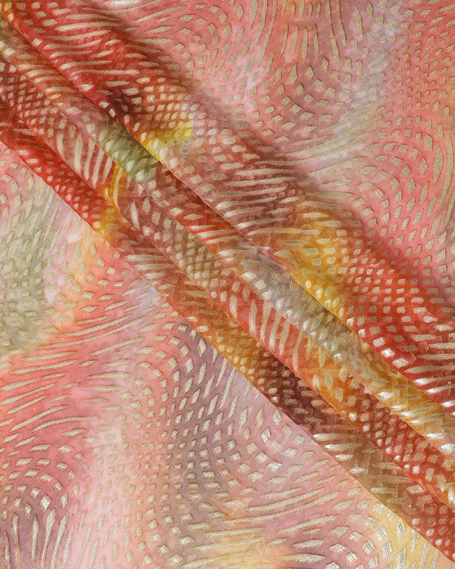 قماش شيفون حريري خالص مطبوع متعدد الألوان مع لوركس معدني ذهبي وفضي بتصميم تجريدي-D12428