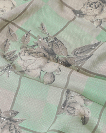 Mint green synthetic crepe fabric with beige and grey print having stone work in floral design-D15297 - Regal Fabrics