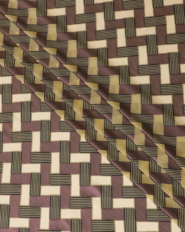 Blonde yellow Premium pure French (Fransawi) silk chiffon fabric with black viscose and burgundy pink metallic lurex in abstract design-D12718