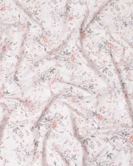 قماش فوال قطني مع تطريز بنفس اللون مع طباعة زيتونية خضراء وبرتقالية بتصميم زهور - D6992