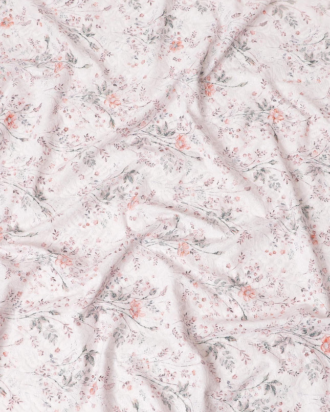 قماش فوال قطني مع تطريز بنفس اللون مع طباعة زيتونية خضراء وبرتقالية بتصميم زهور - D6992