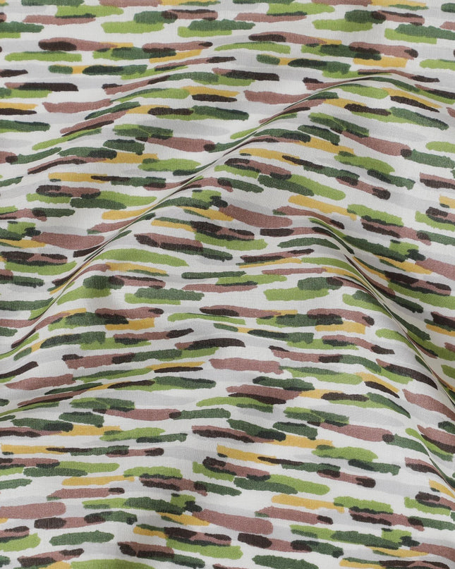 Off white cotton lawn fabric with lime green, pale brown and green print in fancy design-D15228